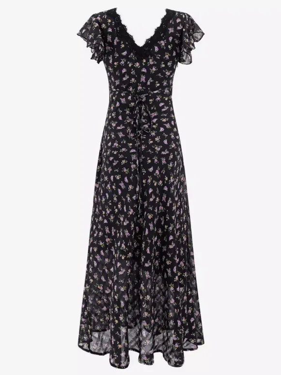 Daily Dresses Black Shaping Lace Short Sleeves High Collar Raised Waist Cap Sleeves Dress