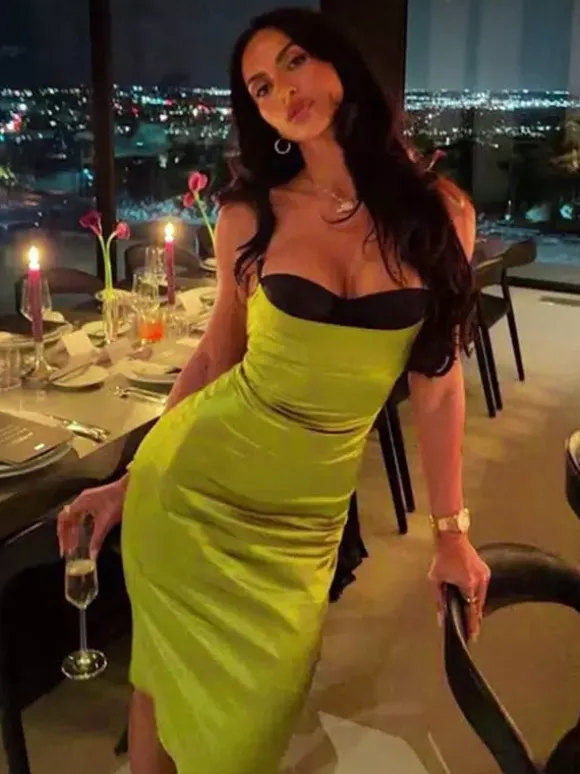 Daily Dresses Contrast Bust Satin Spaghetti Strap Ruched Bodycon Midi Dress
