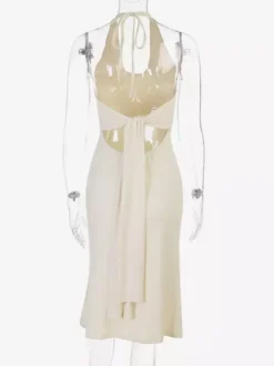 Daily Dresses Cream Halter Deep U Neck Midi Back Tie Slinky Bodycon Flowy Hem Party Gown
