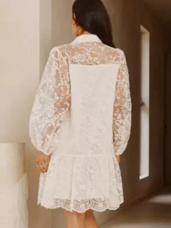 Daily Dresses Ecru White Lace Long Sleeves Turndown Collar Puff Sleeve Mini Shirt Dress