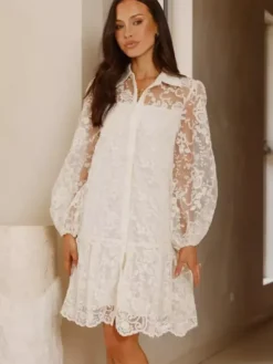 Daily Dresses Ecru White Lace Long Sleeves Turndown Collar Puff Sleeve Mini Shirt Dress