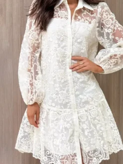 Daily Dresses Ecru White Lace Long Sleeves Turndown Collar Puff Sleeve Mini Shirt Dress