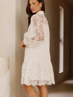 Daily Dresses Ecru White Lace Long Sleeves Turndown Collar Puff Sleeve Mini Shirt Dress