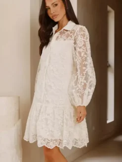 Daily Dresses Ecru White Lace Long Sleeves Turndown Collar Puff Sleeve Mini Shirt Dress
