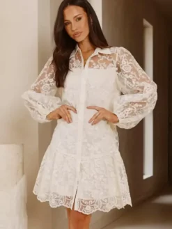 Daily Dresses Ecru White Lace Long Sleeves Turndown Collar Puff Sleeve Mini Shirt Dress