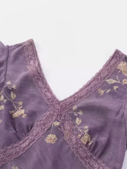 Daily Dresses For Woman Purple Shaping Flowers V-Neck Raised Waist Cap Sleeves Dress