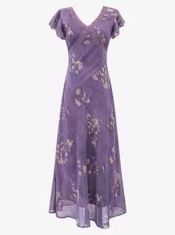 Daily Dresses For Woman Purple Shaping Flowers V-Neck Raised Waist Cap Sleeves Dress