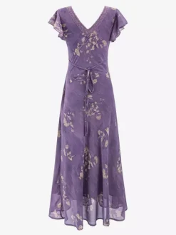 Daily Dresses For Woman Purple Shaping Flowers V-Neck Raised Waist Cap Sleeves Dress