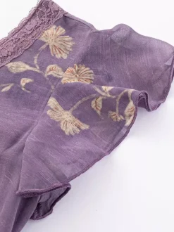 Daily Dresses For Woman Purple Shaping Flowers V-Neck Raised Waist Cap Sleeves Dress