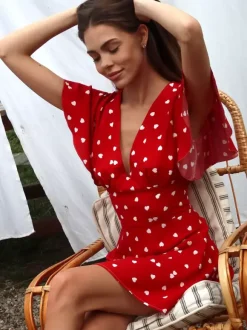 Daily Dresses For Woman Summer Mini Red Pleated Short Sleeves V-Neck Wrap Waist Polka Dot Dress