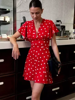 Daily Dresses For Woman Summer Mini Red Pleated Short Sleeves V-Neck Wrap Waist Polka Dot Dress