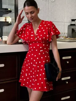 Daily Dresses For Woman Summer Mini Red Pleated Short Sleeves V-Neck Wrap Waist Polka Dot Dress