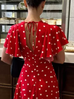 Daily Dresses For Woman Summer Mini Red Pleated Short Sleeves V-Neck Wrap Waist Polka Dot Dress