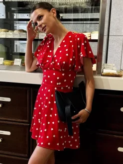 Daily Dresses For Woman Summer Mini Red Pleated Short Sleeves V-Neck Wrap Waist Polka Dot Dress