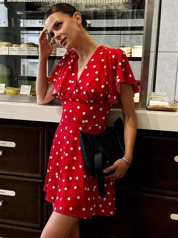Daily Dresses For Woman Summer Mini Red Pleated Short Sleeves V-Neck Wrap Waist Polka Dot Dress