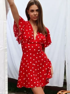 Daily Dresses For Woman Summer Mini Red Pleated Short Sleeves V-Neck Wrap Waist Polka Dot Dress