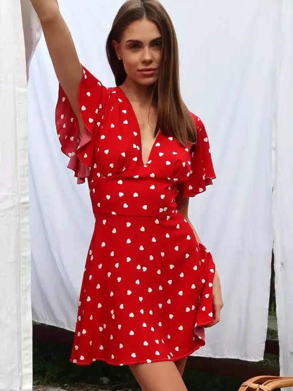 Daily Dresses For Woman Summer Mini Red Pleated Short Sleeves V-Neck Wrap Waist Polka Dot Dress