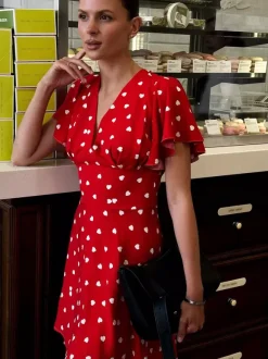 Daily Dresses For Woman Summer Mini Red Pleated Short Sleeves V-Neck Wrap Waist Polka Dot Dress
