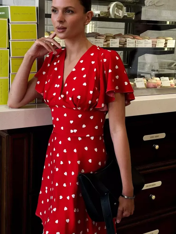 Daily Dresses For Woman Summer Mini Red Pleated Short Sleeves V-Neck Wrap Waist Polka Dot Dress