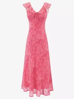 Daily Dresses For Woman Sleeveless V-Neck Raised Waist Sweet Shaping Ruffles Red Dress