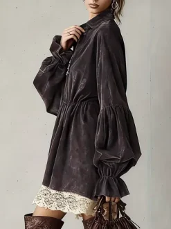Daily Dresses For Women Mini Dresses Coffee Brown Lace Long Sleeves Turndown Collar Dress