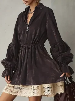 Daily Dresses For Women Mini Dresses Coffee Brown Lace Long Sleeves Turndown Collar Dress
