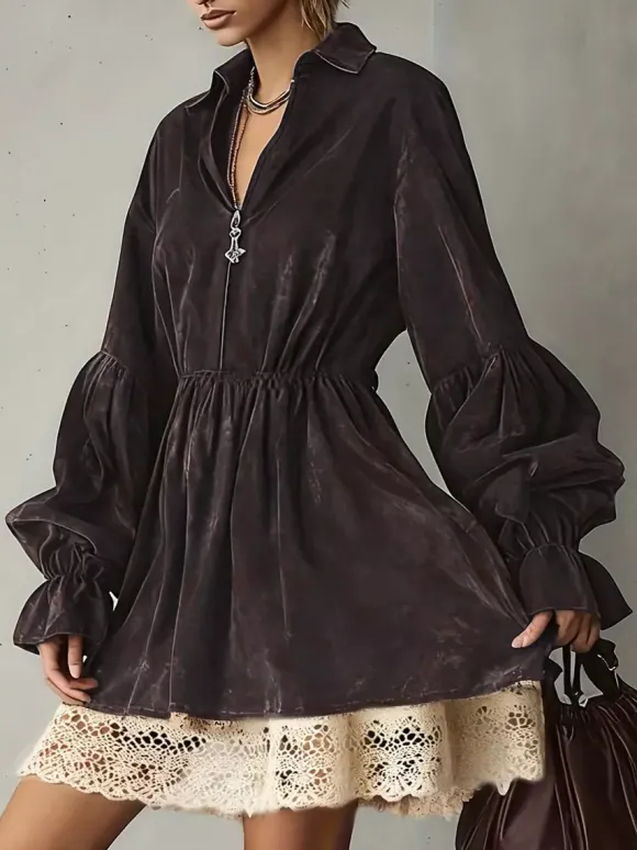 Daily Dresses For Women Mini Dresses Coffee Brown Lace Long Sleeves Turndown Collar Dress