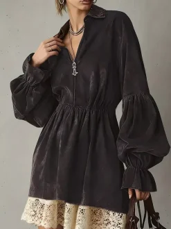 Daily Dresses For Women Mini Dresses Coffee Brown Lace Long Sleeves Turndown Collar Dress