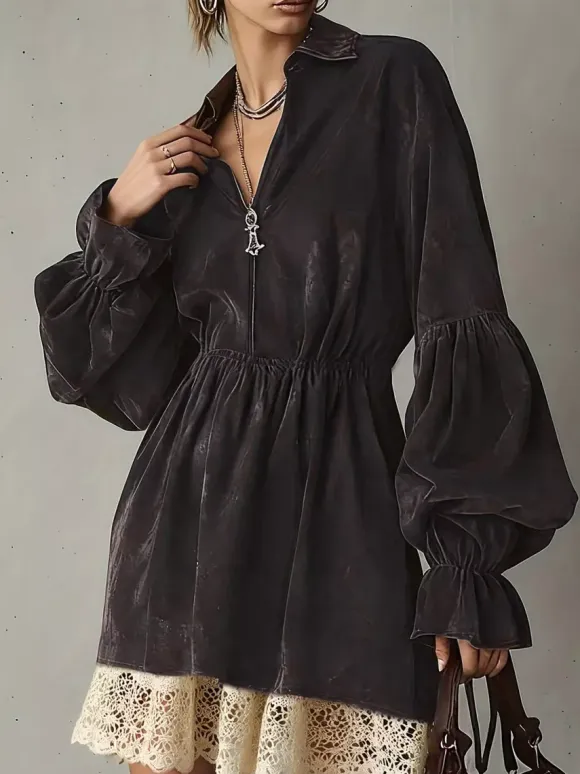 Daily Dresses For Women Mini Dresses Coffee Brown Lace Long Sleeves Turndown Collar Dress