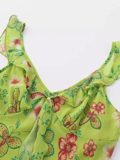Daily Dresses For Women Red Shaping Flowers Sleeveless V-Neck Raised Waist Printed Dress