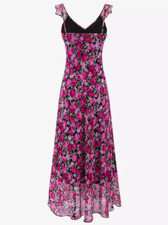 Daily Dresses For Women Red Shaping Flowers Sleeveless V-Neck Raised Waist Printed Dress