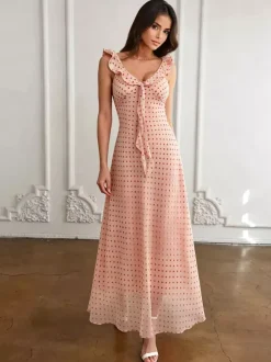 Daily Dresses For Women Red Shaping Flowers Sleeveless V-Neck Raised Waist Printed Dress
