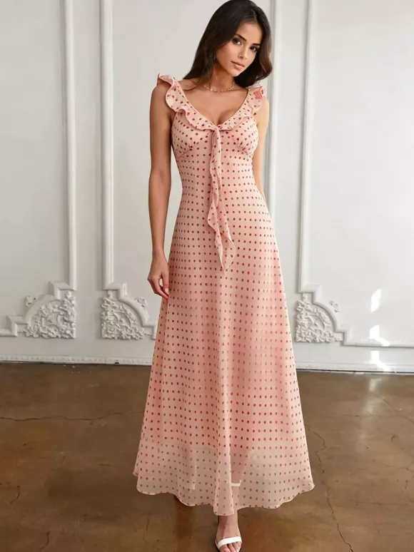 Daily Dresses For Women Red Shaping Flowers Sleeveless V-Neck Raised Waist Printed Dress