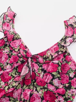 Daily Dresses For Women Red Shaping Flowers Sleeveless V-Neck Raised Waist Printed Dress