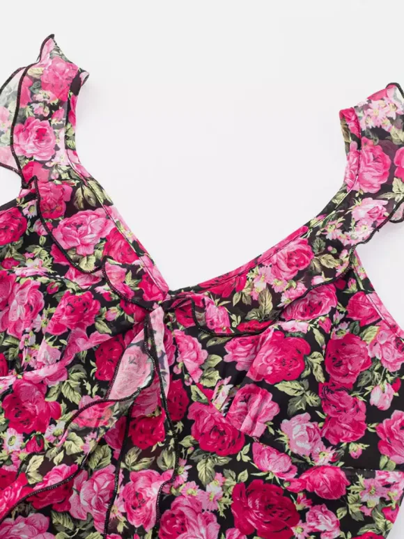 Daily Dresses For Women Red Shaping Flowers Sleeveless V-Neck Raised Waist Printed Dress