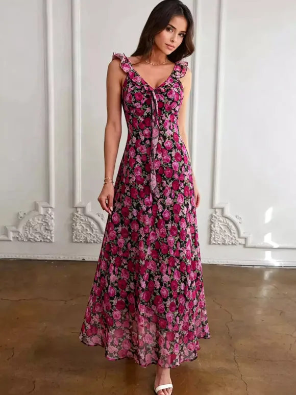 Daily Dresses For Women Red Shaping Flowers Sleeveless V-Neck Raised Waist Printed Dress