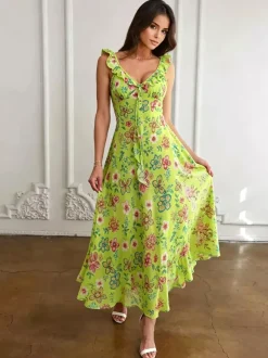 Daily Dresses For Women Red Shaping Flowers Sleeveless V-Neck Raised Waist Printed Dress