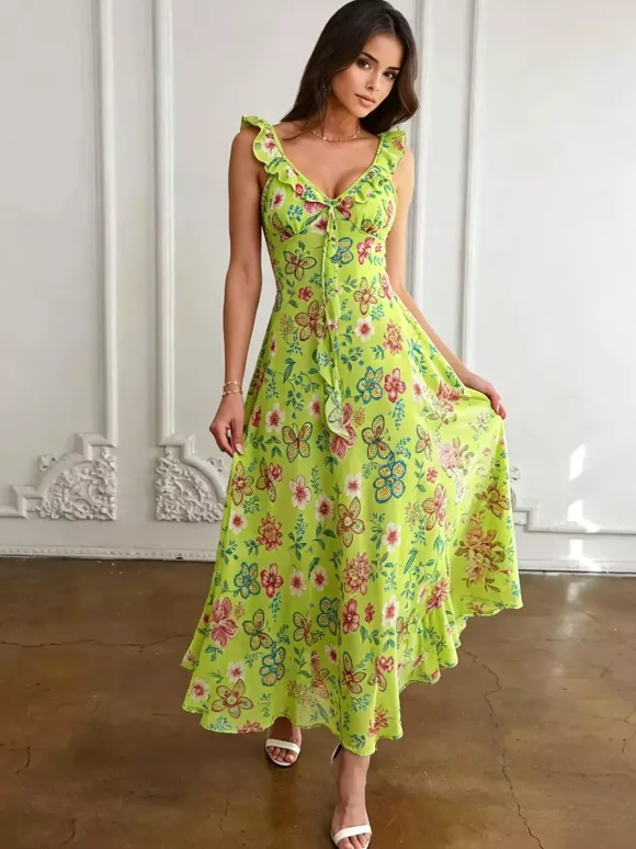 Daily Dresses For Women Red Shaping Flowers Sleeveless V-Neck Raised Waist Printed Dress