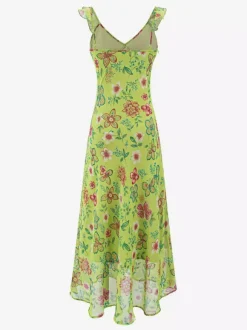 Daily Dresses For Women Red Shaping Flowers Sleeveless V-Neck Raised Waist Printed Dress