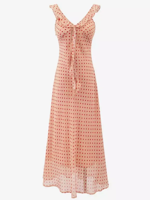 Daily Dresses For Women Red Shaping Flowers Sleeveless V-Neck Raised Waist Printed Dress