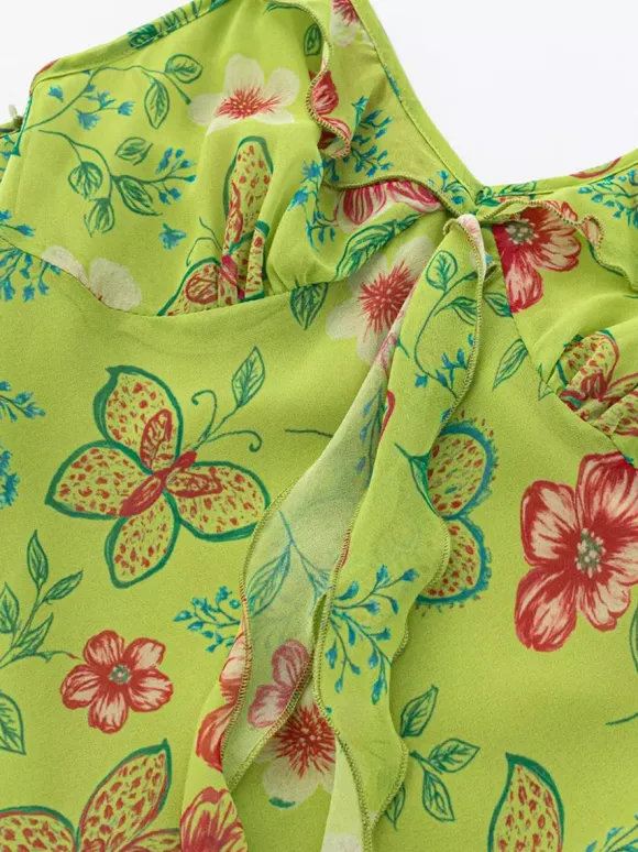 Daily Dresses For Women Red Shaping Flowers Sleeveless V-Neck Raised Waist Printed Dress