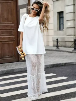 Daily Dresses Maxi For Women Short Sleeves Jewel Neck No Waistline Chic Lace Black Dress