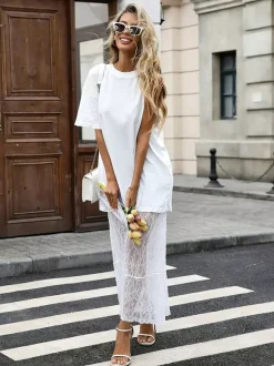 Daily Dresses Maxi For Women Short Sleeves Jewel Neck No Waistline Chic Lace Black Dress