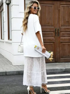 Daily Dresses Maxi For Women Short Sleeves Jewel Neck No Waistline Chic Lace Black Dress