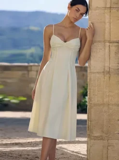 Daily Dresses Maxi Sleeveless Straps Neck Raised Waist Sexy Backless Pleated Apricot Dress