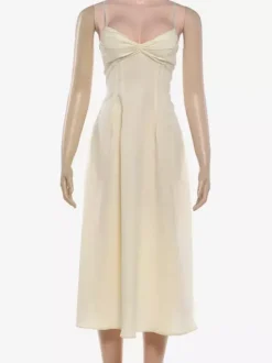 Daily Dresses Maxi Sleeveless Straps Neck Raised Waist Sexy Backless Pleated Apricot Dress