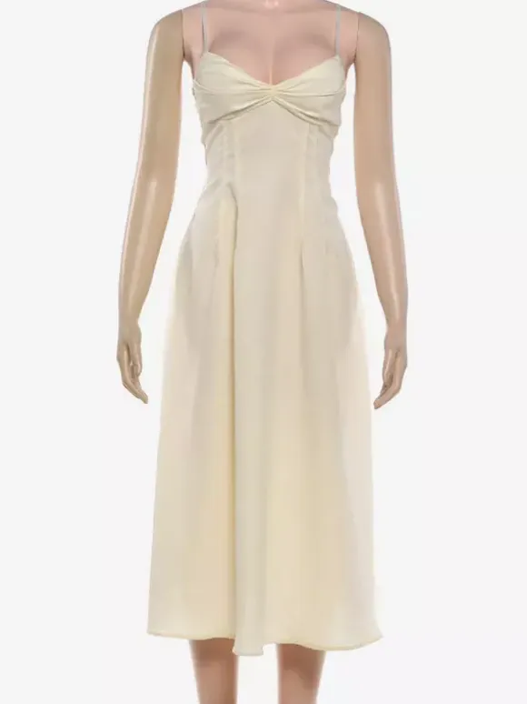 Daily Dresses Maxi Sleeveless Straps Neck Raised Waist Sexy Backless Pleated Apricot Dress