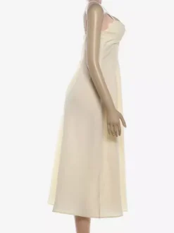 Daily Dresses Maxi Sleeveless Straps Neck Raised Waist Sexy Backless Pleated Apricot Dress