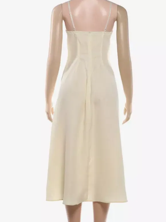 Daily Dresses Maxi Sleeveless Straps Neck Raised Waist Sexy Backless Pleated Apricot Dress