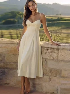 Daily Dresses Maxi Sleeveless Straps Neck Raised Waist Sexy Backless Pleated Apricot Dress
